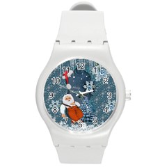 Funny Santa Claus With Snowman Round Plastic Sport Watch (m) by FantasyWorld7