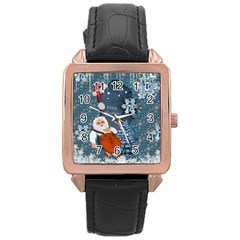 Funny Santa Claus With Snowman Rose Gold Leather Watch  by FantasyWorld7