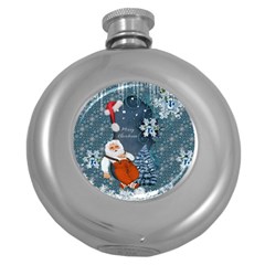 Funny Santa Claus With Snowman Round Hip Flask (5 Oz) by FantasyWorld7