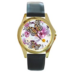 Butterflies With White And Purple Flowers  Round Gold Metal Watch by Bigfootshirtshop