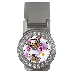 Butterflies With White And Purple Flowers  Money Clips (cz)  by Bigfootshirtshop