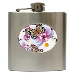 Butterflies With White And Purple Flowers  Hip Flask (6 Oz) by Bigfootshirtshop