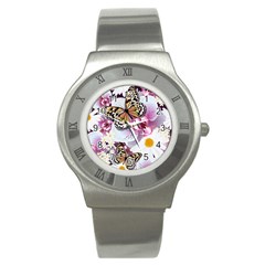 Butterflies With White And Purple Flowers  Stainless Steel Watch by Bigfootshirtshop