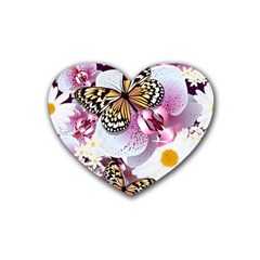 Butterflies With White And Purple Flowers  Heart Coaster (4 Pack)  by Bigfootshirtshop