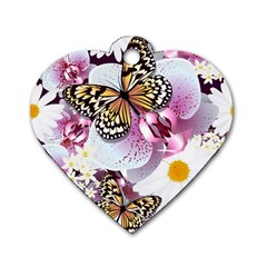 Butterflies With White And Purple Flowers  Dog Tag Heart (two Sides)