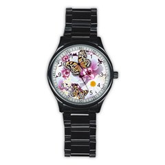 Butterflies With White And Purple Flowers  Stainless Steel Round Watch by Bigfootshirtshop