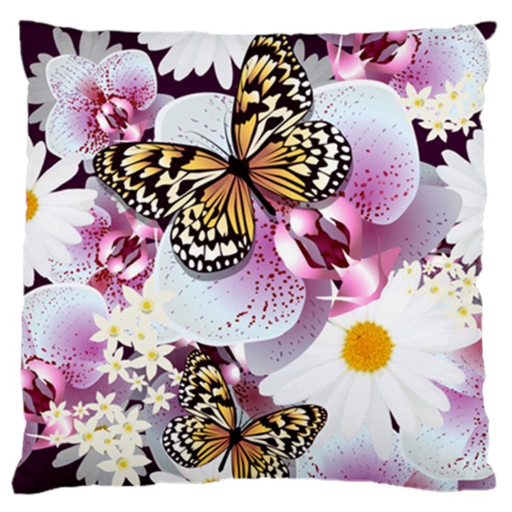 Butterflies With White And Purple Flowers  Large Flano Cushion Case (Two Sides)