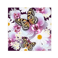 Butterflies With White And Purple Flowers  Small Satin Scarf (square) by Bigfootshirtshop