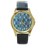 Halloween Cats Pumpkin Pattern Bat Round Gold Metal Watch Front