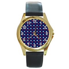 Patriotic Red White Blue Stars Blue Background Round Gold Metal Watch by Celenk