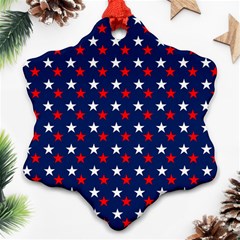 Patriotic Red White Blue Stars Blue Background Snowflake Ornament (two Sides) by Celenk