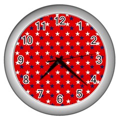 Patriotic Red White Blue Usa Wall Clocks (silver)  by Celenk