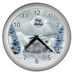 Cute Polar Bear Baby, Merry Christmas Wall Clocks (silver)  by FantasyWorld7