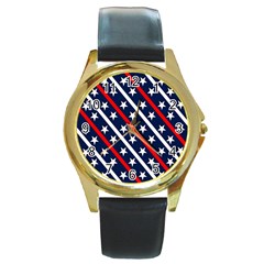 Patriotic Red White Blue Stars Round Gold Metal Watch by Celenk