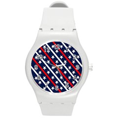 Patriotic Red White Blue Stars Round Plastic Sport Watch (m) by Celenk