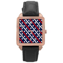 Patriotic Red White Blue Stars Rose Gold Leather Watch  by Celenk