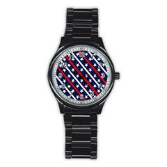 Patriotic Red White Blue Stars Stainless Steel Round Watch by Celenk