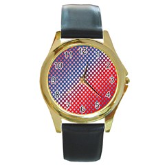 Dots Red White Blue Gradient Round Gold Metal Watch by Celenk