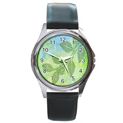 Green Leaves Background Scrapbook Round Metal Watch by Celenk