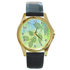 Green Leaves Background Scrapbook Round Gold Metal Watch by Celenk