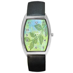 Green Leaves Background Scrapbook Barrel Style Metal Watch by Celenk