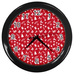 Red Christmas Pattern Wall Clocks (black) by patternstudio