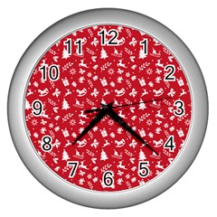 Red Christmas Pattern Wall Clocks (silver)  by patternstudio