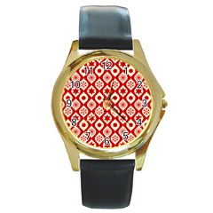 Ornate Christmas Decor Pattern Round Gold Metal Watch by patternstudio