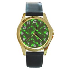 Neon Green Bubble Hearts Round Gold Metal Watch by PodArtist