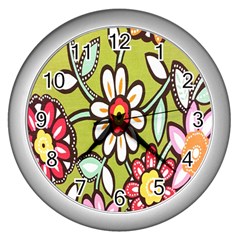 Flowers Fabrics Floral Design Wall Clocks (Silver) 