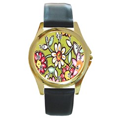 Flowers Fabrics Floral Design Round Gold Metal Watch