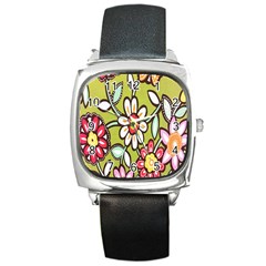 Flowers Fabrics Floral Design Square Metal Watch