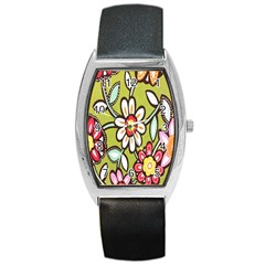 Flowers Fabrics Floral Design Barrel Style Metal Watch