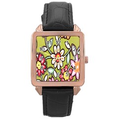 Flowers Fabrics Floral Design Rose Gold Leather Watch 