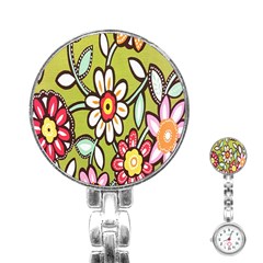 Flowers Fabrics Floral Design Stainless Steel Nurses Watch