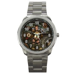 Steampunk, Steampunk Women With Clocks And Gears Sport Metal Watch by FantasyWorld7