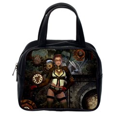 Steampunk, Steampunk Women With Clocks And Gears Classic Handbags (One Side)