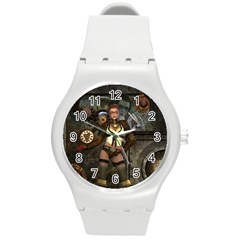 Steampunk, Steampunk Women With Clocks And Gears Round Plastic Sport Watch (m) by FantasyWorld7