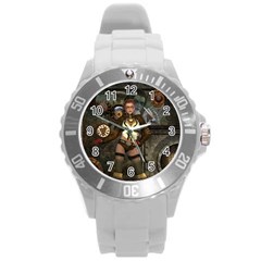 Steampunk, Steampunk Women With Clocks And Gears Round Plastic Sport Watch (L)