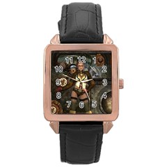 Steampunk, Steampunk Women With Clocks And Gears Rose Gold Leather Watch  by FantasyWorld7