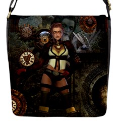 Steampunk, Steampunk Women With Clocks And Gears Flap Messenger Bag (s) by FantasyWorld7