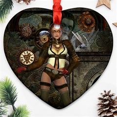 Steampunk, Steampunk Women With Clocks And Gears Ornament (heart) by FantasyWorld7