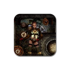 Steampunk, Steampunk Women With Clocks And Gears Rubber Square Coaster (4 pack) 