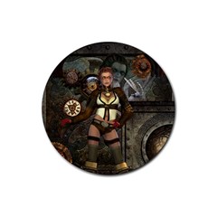 Steampunk, Steampunk Women With Clocks And Gears Rubber Coaster (round)  by FantasyWorld7