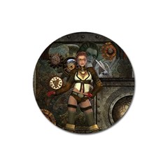 Steampunk, Steampunk Women With Clocks And Gears Magnet 3  (round) by FantasyWorld7