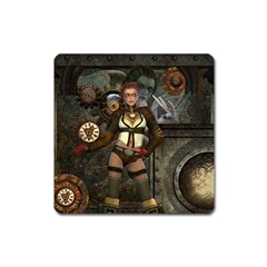 Steampunk, Steampunk Women With Clocks And Gears Square Magnet