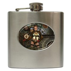 Steampunk, Steampunk Women With Clocks And Gears Hip Flask (6 Oz) by FantasyWorld7