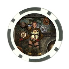 Steampunk, Steampunk Women With Clocks And Gears Poker Chip Card Guard