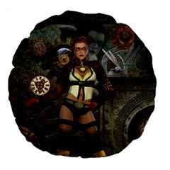 Steampunk, Steampunk Women With Clocks And Gears Large 18  Premium Round Cushions by FantasyWorld7