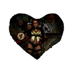 Steampunk, Steampunk Women With Clocks And Gears Standard 16  Premium Heart Shape Cushions